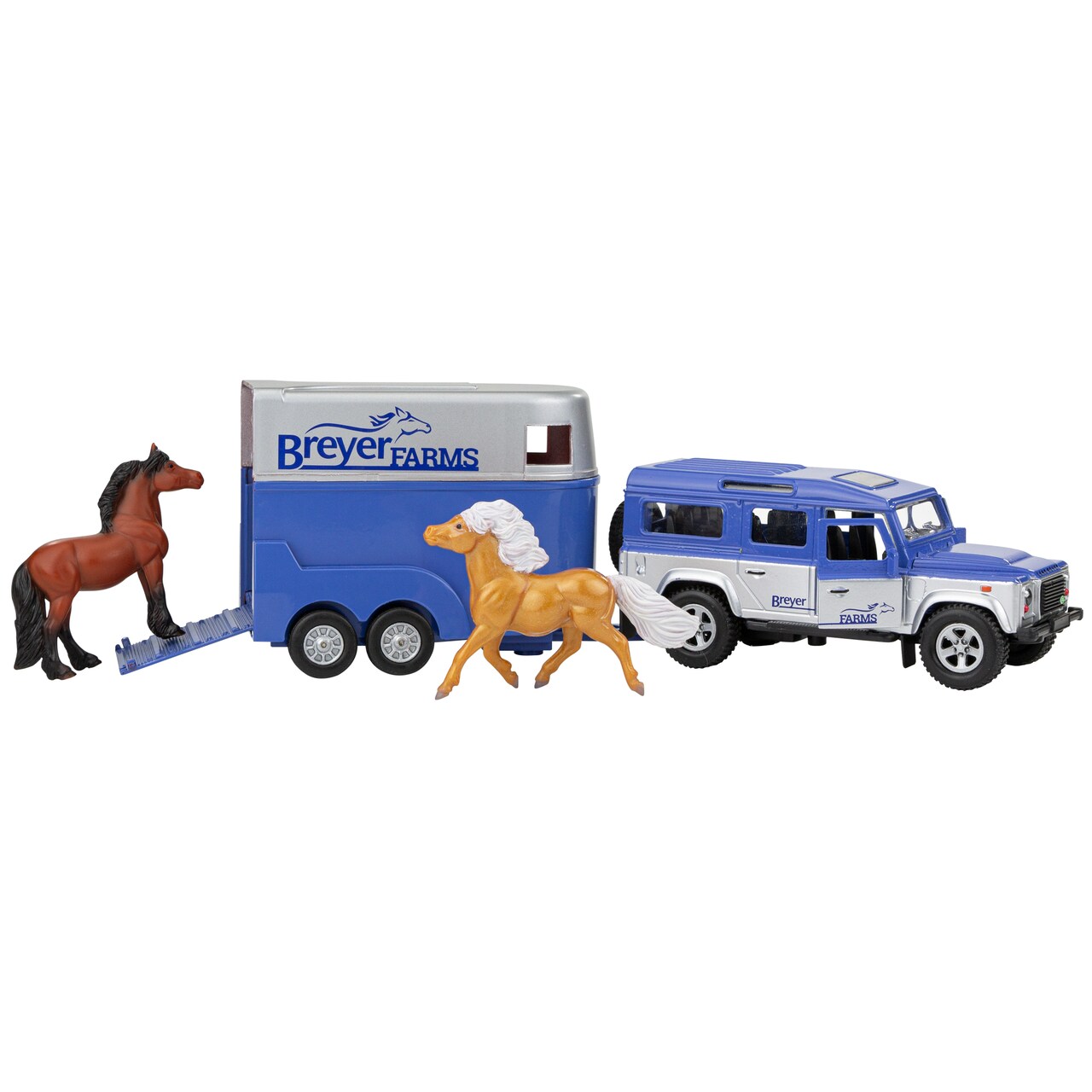 Breyer Horses - Breyer Farms 1:32 Scale Land Rover and Tag-a-Long Trailer Playset With 2 Stablemates Horses